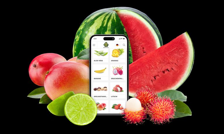 Barth Fruit Webdesign, mobile Ansicht Produktübersicht, iPhone platziert zwischen Früchten auf Schwarz