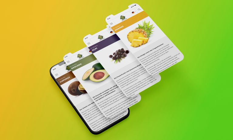 Barth Fruit Webdesign, mobile Ansicht Produkte, iPhone mit aufgefächerten Ansichten von Früchten