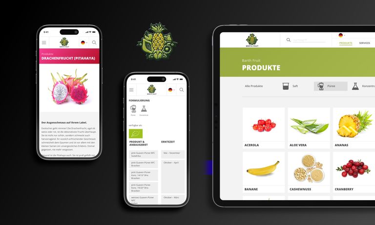 Barth Fruit Webdesign, Desktopansicht Produktübersicht auf Tablet, zwei iPhones mit mobiler Ansicht Drachenfrucht Detailseite